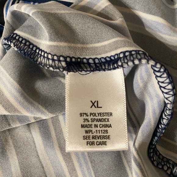 BLOUSE Roz & Ali Blue White Navy Striped V Neck top Short Sleeve Gold zipper CL - Picture 7 of 8